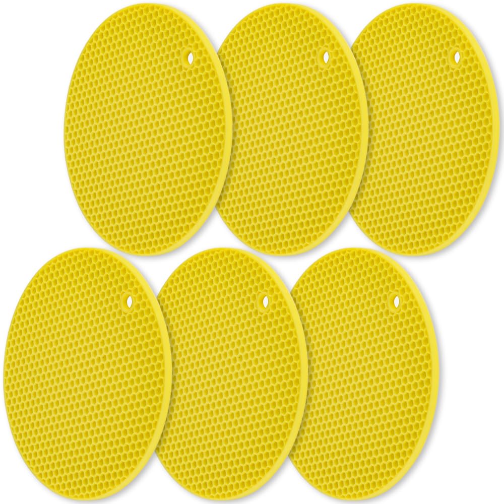 homEdge Silicone Round Trivets, 6 Pack Heat Resistant Non Slip Pot Holders-Black, 7x0.24x7 inches, Food Grade Silicone, Honeycomb Surface Design, Dishwasher Safe, Multipurpose Kitchen Utensil