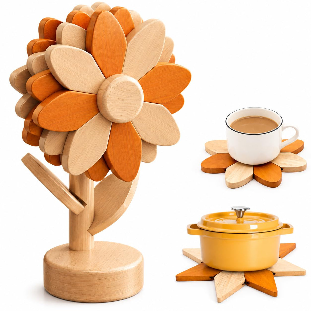 Sunflower Trivets for Hot Dishes, 5Pc Wooden Tree Trivet Stand Set