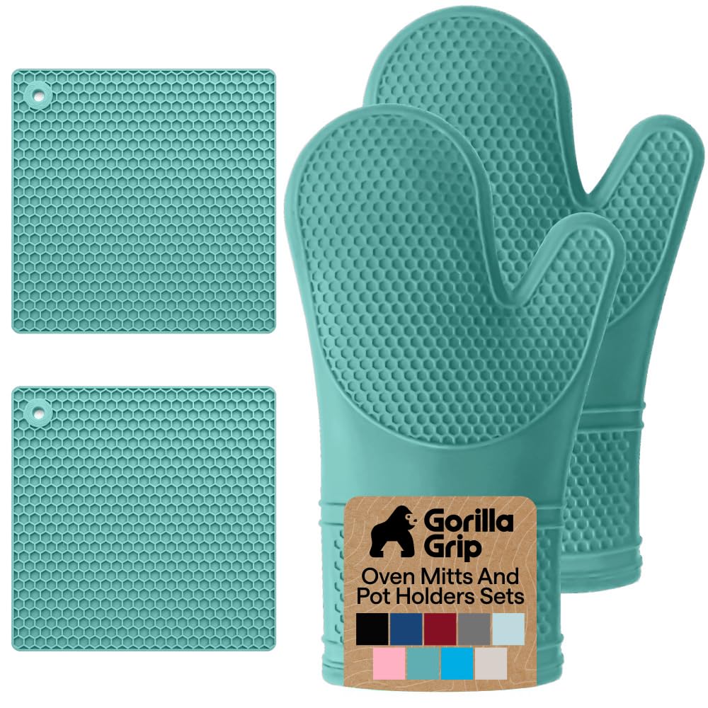 GORILLA GRIP BPA-Free Silicone Oven Mitts and Pot Holders Set, Black