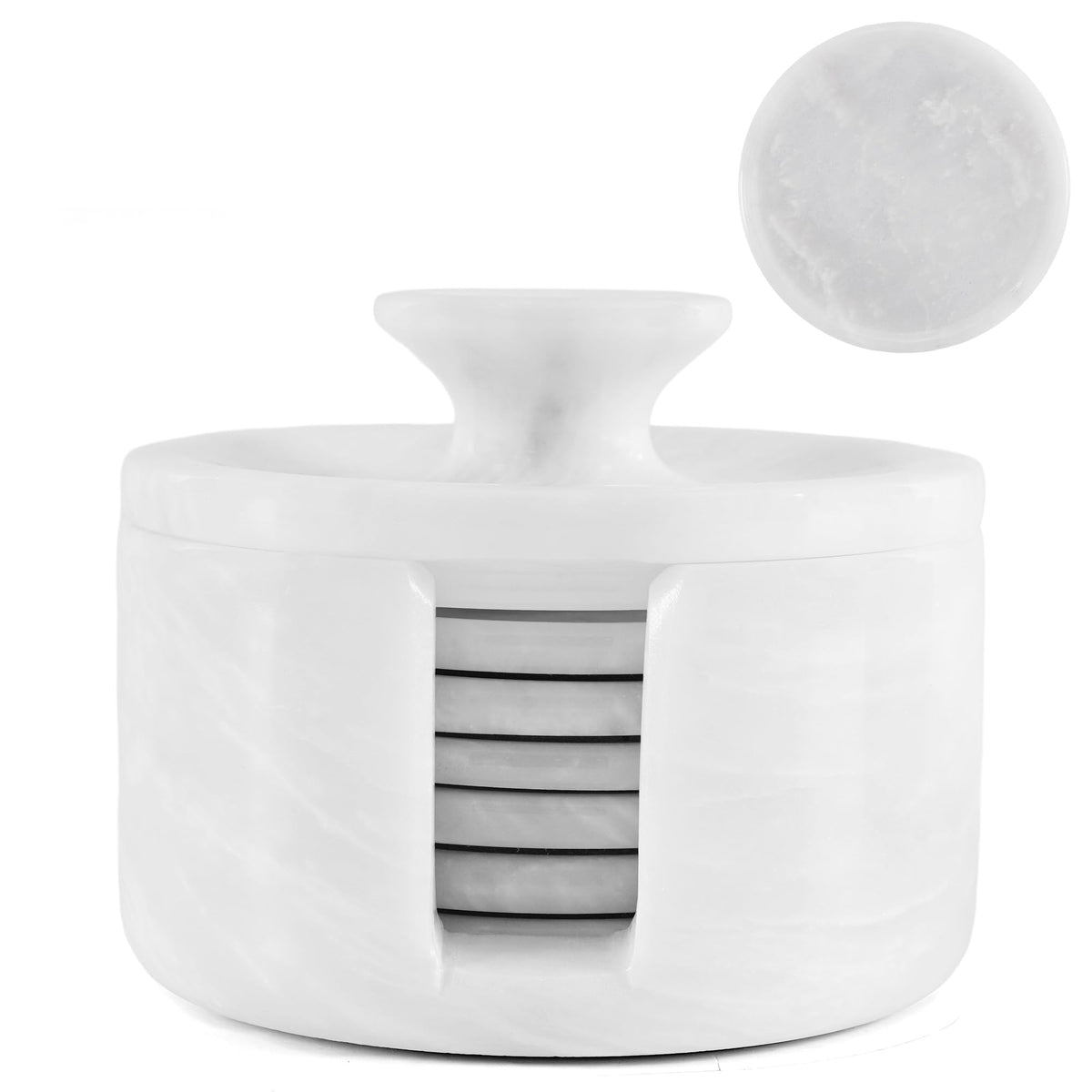 Earthen Crafts Marble Coasters Set of 6 with Holder & Lid Green Onyx 3.5 Inch Natural Marble Round Stone Drink Coasters for Coffee Table, Kitchen Counter, Tabletop & Home Decor