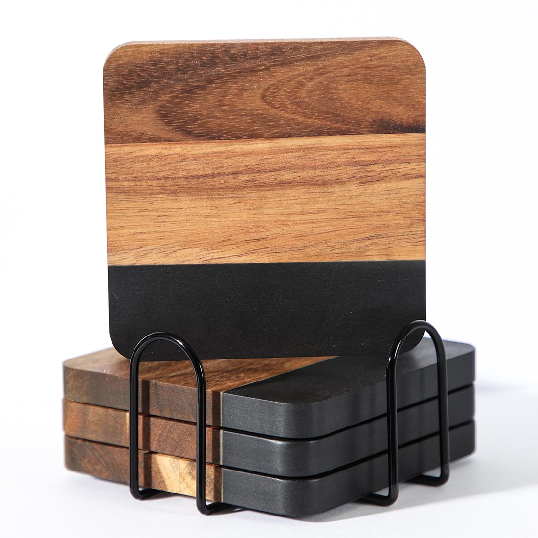 Acacia Wood Black Marble Coasters for Drinks Set of 4, Square Non-Slip Wooden Stone Coaster Coffee Table Accessories Manly Coaster for Men Coffee Table, Bar, Office - Rustic Modern Style