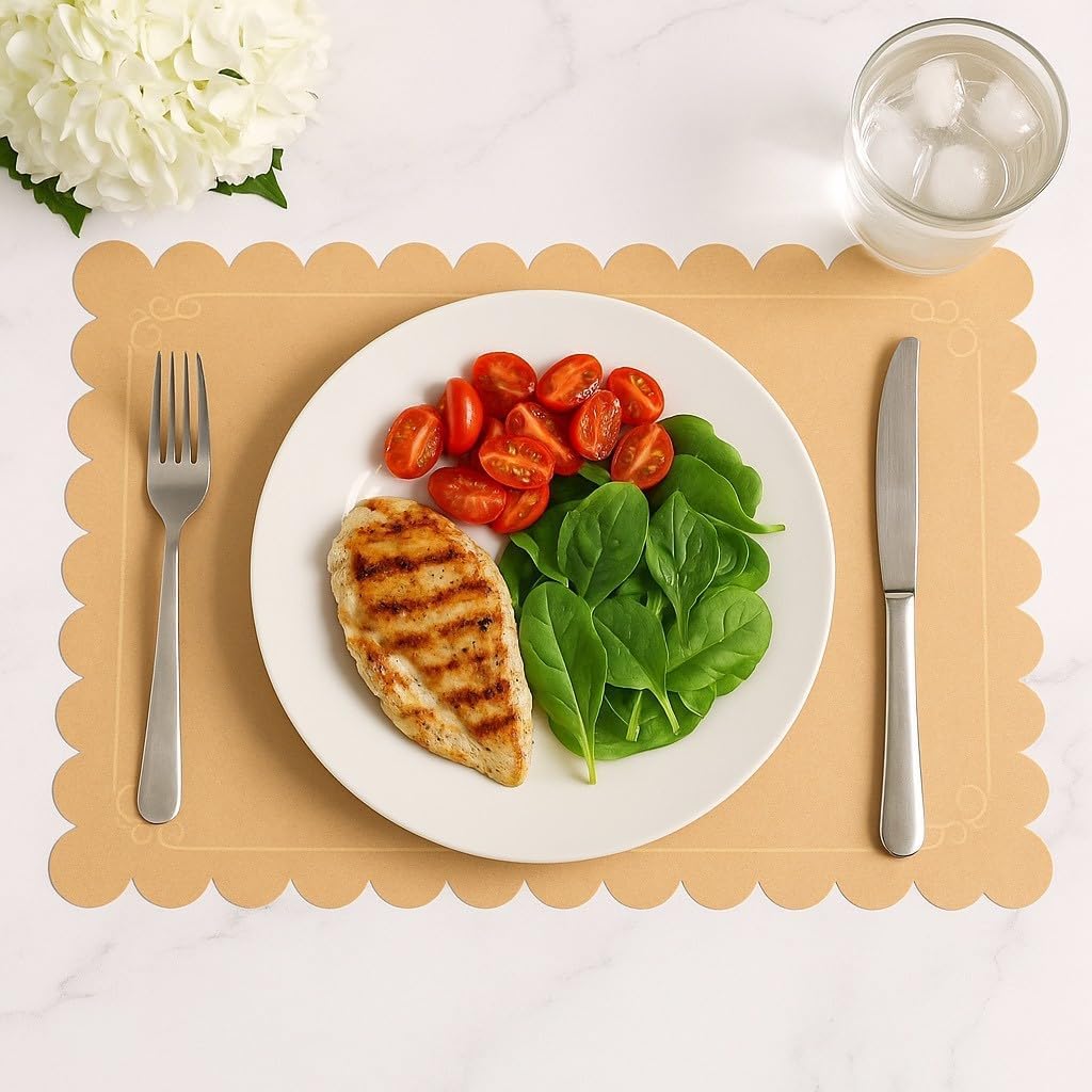 Ur- Way Kraft Paper Placemats 100 Pack: 10 x 14 inch Light Brown Scalloped Edged Disposable Kraft Paper Place Mats for Dining - Perfect for Rustic Farmhouse, Wedding, or Holiday Table Decor
