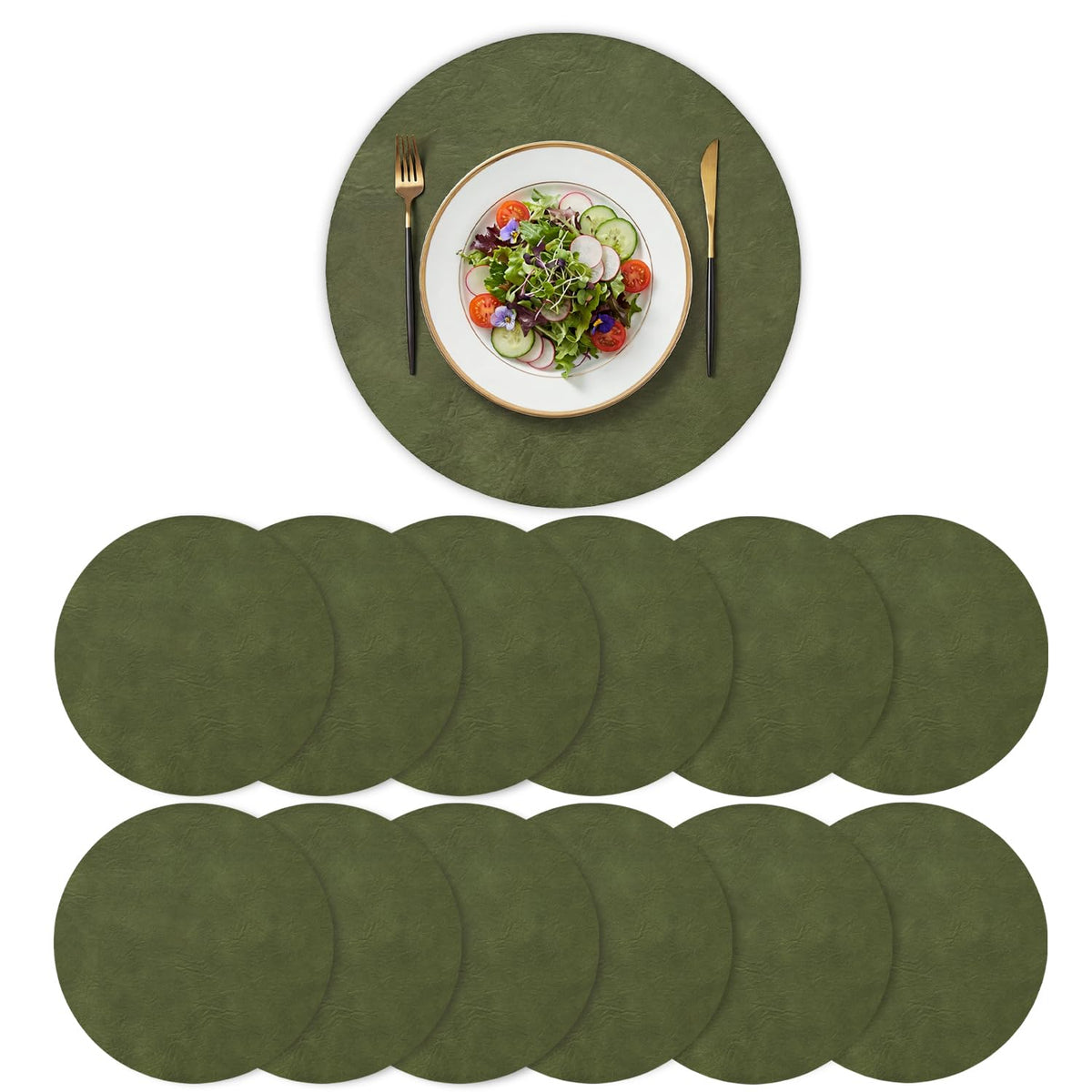Artoid Mode Olive Green Faux Leather Placemats Set of 6, 15 Inch Waterproof Wipeable Heat Resistant Vinyl Place Mats, Reversible Table Mats for Kitchen Dining Decor