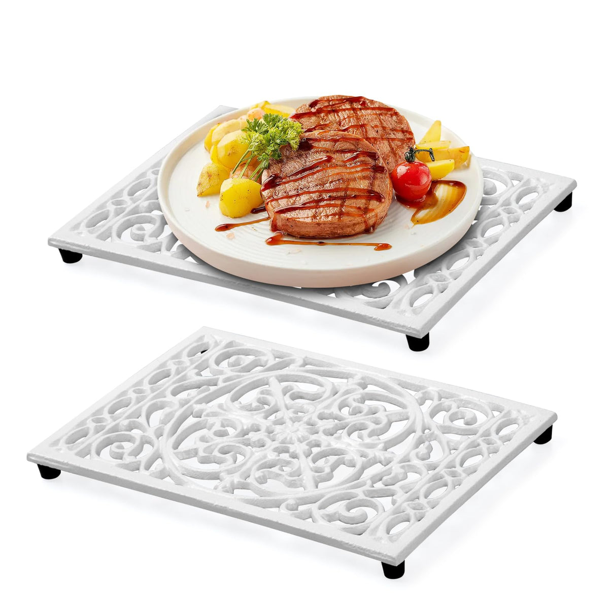 Notakia 9.6 x 6.3 Inch Cast Iron Trivet Set, Large Metal Trivets for Hot Dishes Pots Pans Decorative Kitchen Trivets, Heat-Resistant Trivet Mats for Quartz Countertops, Green Kitchen Accessories