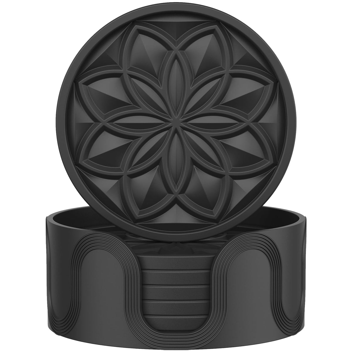 HFHOME Silicone Coasters Set with Holder - 6 Pack Drink Coasters for Coffee Table, Bar, Desk - Tabletop Protection Gift - Black