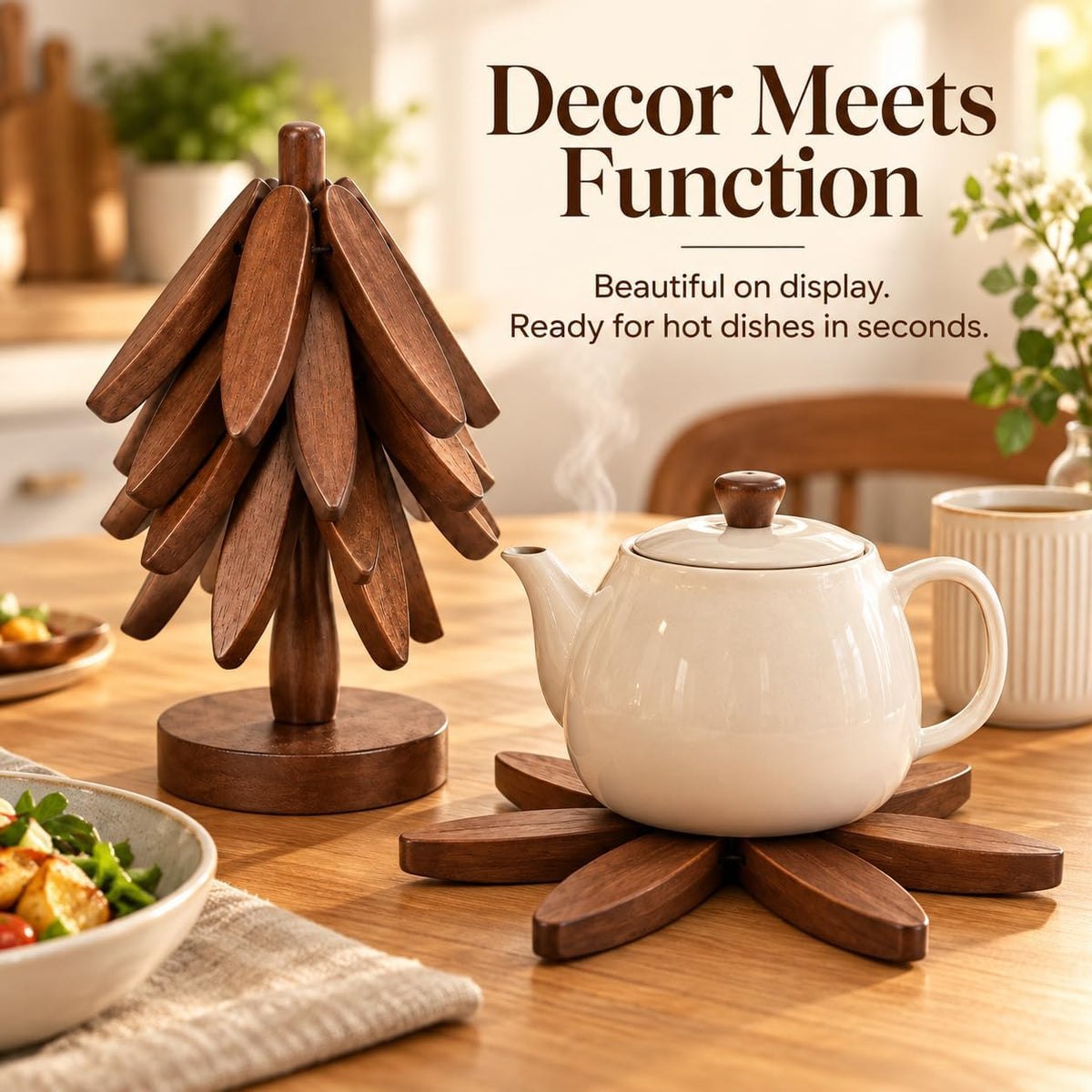 Wooden Trivet Tree for Hot Dishes, 4 Coasters with Holder, Walnut Finish