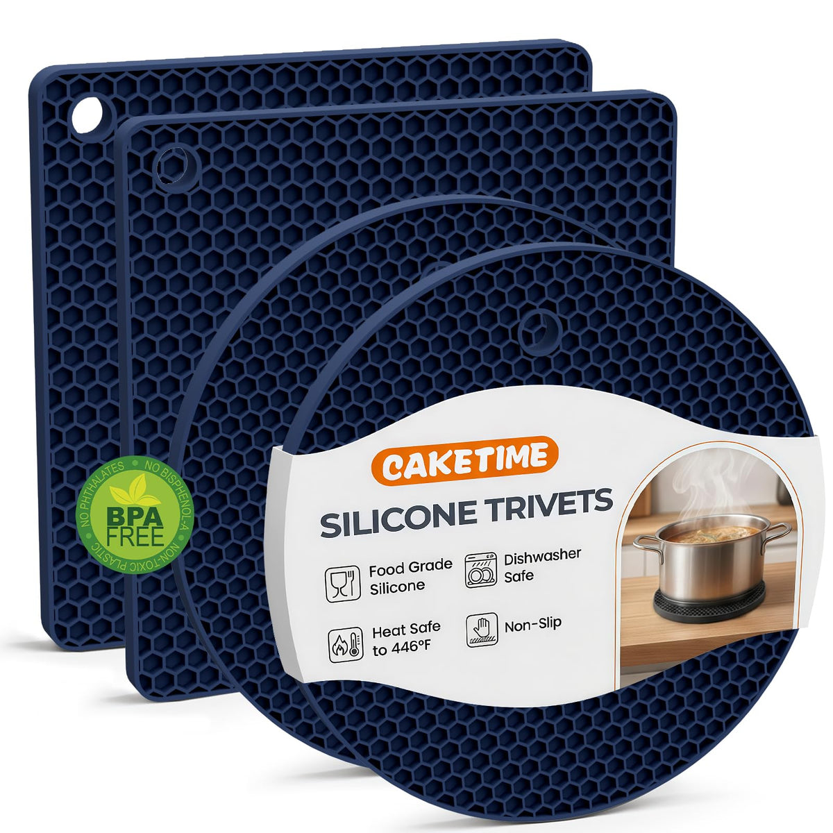 Silicone Trivets for Hot Dishes, 4-Pack Hot Pads for Kitchen Countertop Protector, Non-Slip Heat Resistant Mat for Hot Pots and Pans Food Grade Silicone Grey & Navy Blue