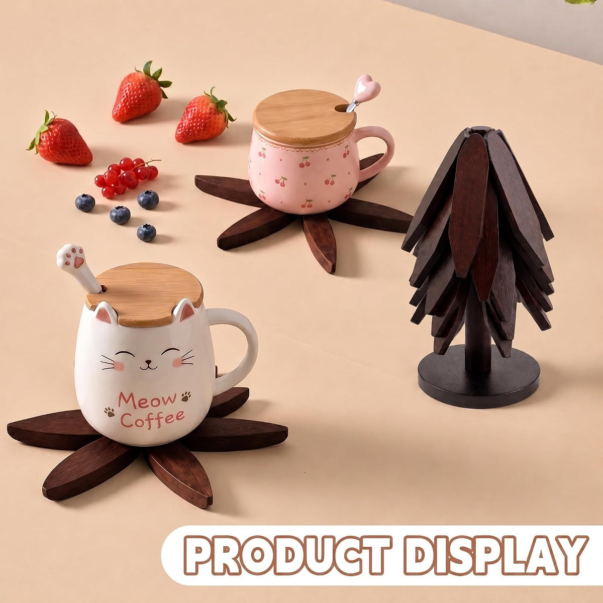 Black Walnut Wooden Trivet Set with Storage Stand