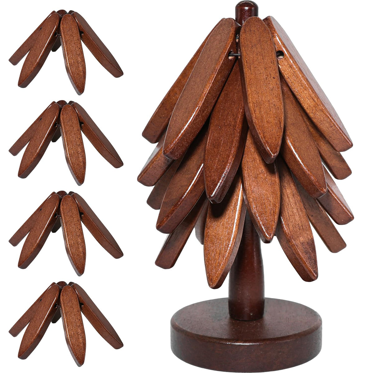 Wooden Tree Coasters Set, Black Walnut Tree Trivet for Hot Dishes, Foldable Stackable Trivets with Stand, Heat Resistant Decorative Coasters for Coffee Table, Kitchen, (Walnut)