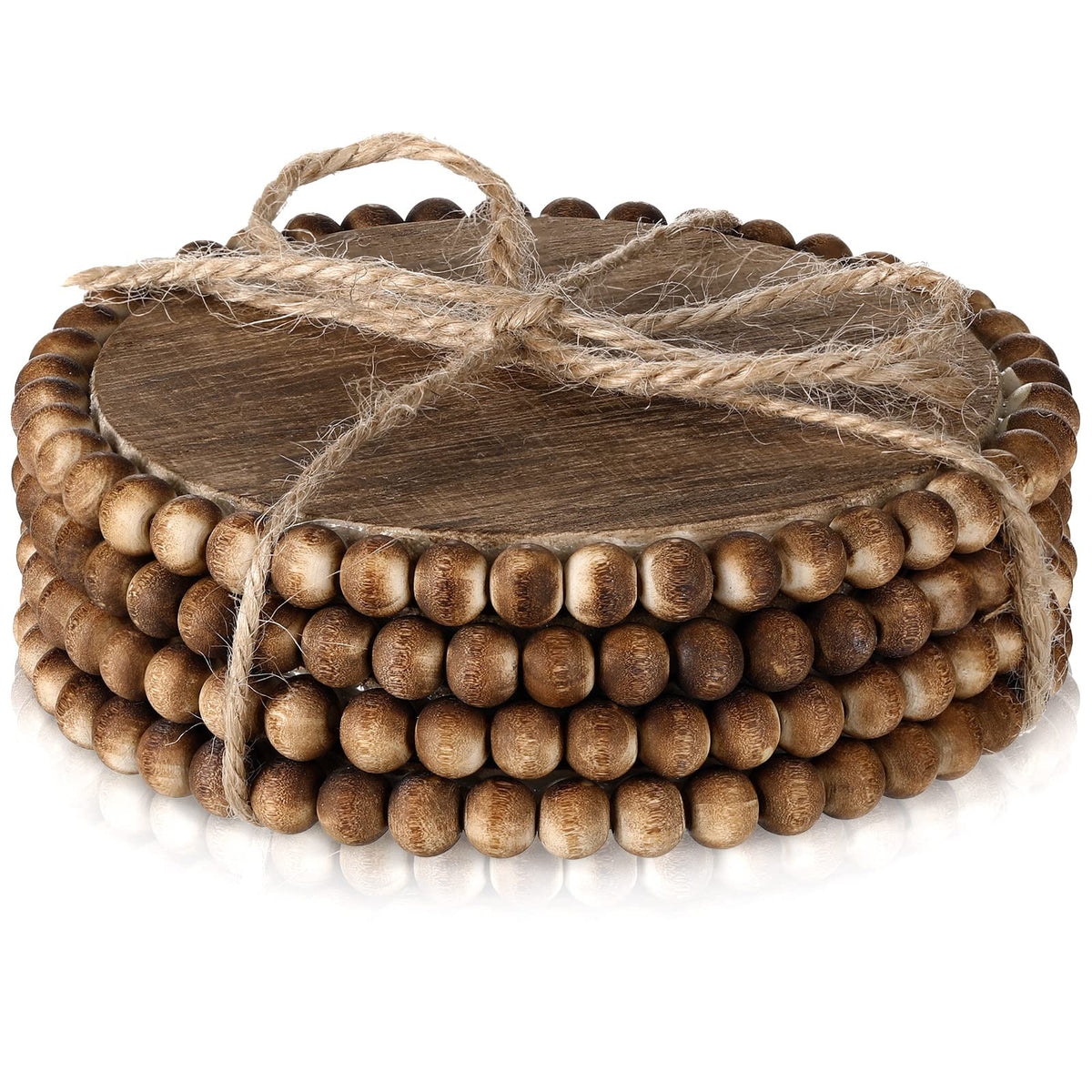 Honeydak 4 Pcs Wooden Coasters Set Round Beaded Coaster 4.7in, Dark Brown