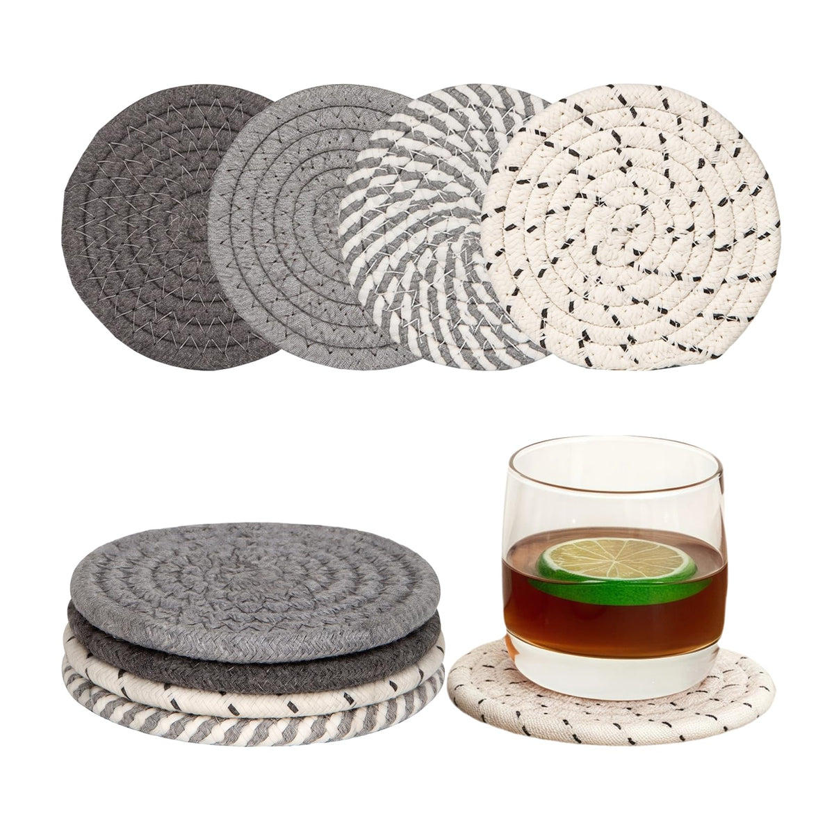 Boho Macrame Coasters Set of 2,Absorbent Coaster for Drinks, Round Handmade Woven Coasters for Boho Home Decor, CupCoasters for Office Desk, Kitchen, Dining Room, Bar (S-Beige(2pcs)/6.3in)