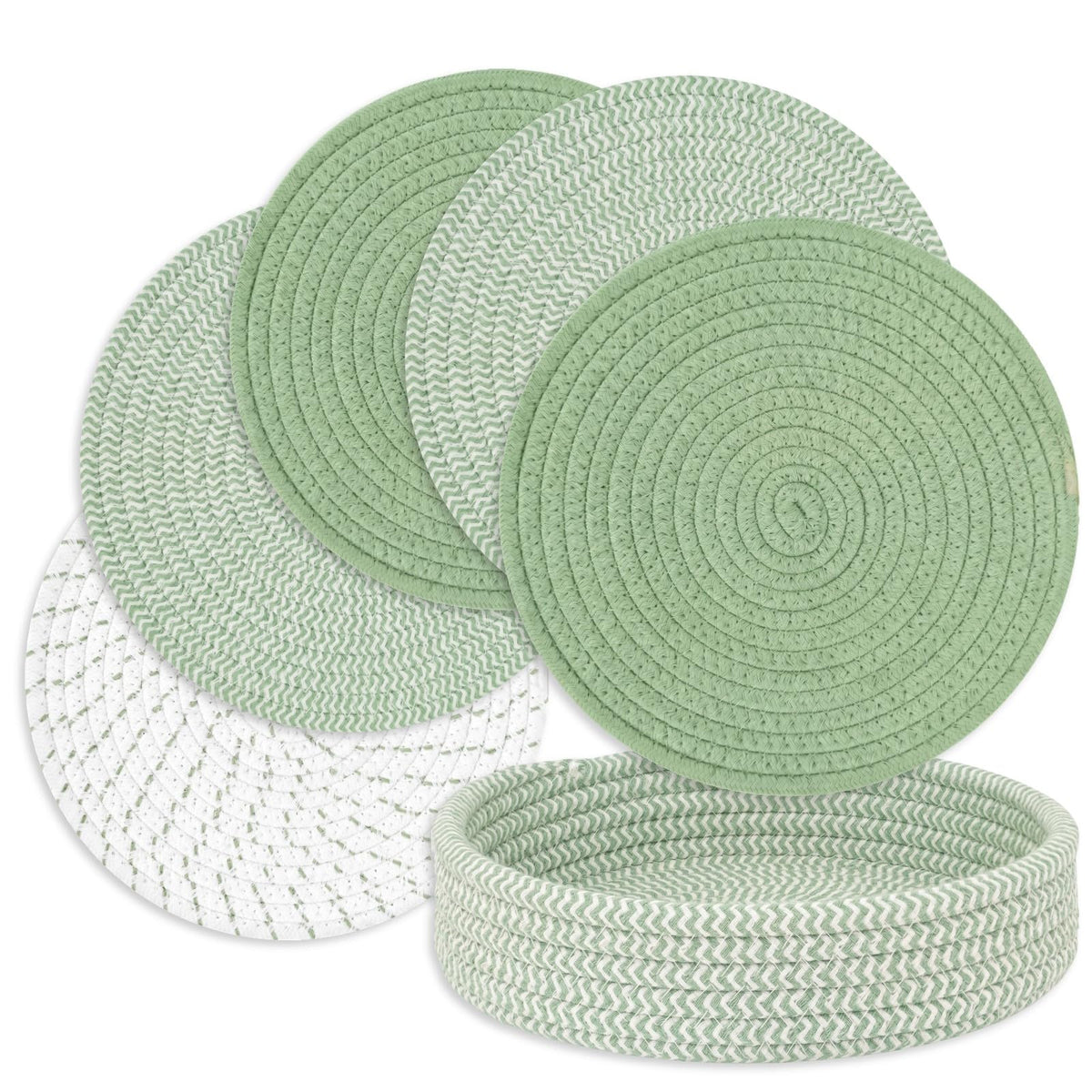 Large Trivets for Hot Dishes, Pots and Pans, Hot Pads with Storage Basket, Pot Holders Heat Resistant Mats, Farmhouse Home Essentials Kitchen Decor 9 Inch (Mix Brown 5 Pcs)