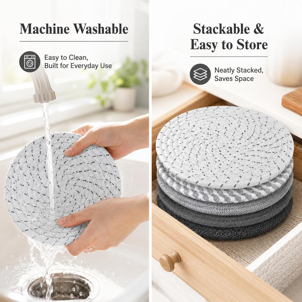 8 Inch Woven Trivets for Hot Dishes, 5 Pack Large Heat Resistant Cotton Hot Pads for Pots, Pans, Coffee Pot, Teapot, Plates & Planters, Farmhouse Boho Kitchen Decor for Table and Countertop