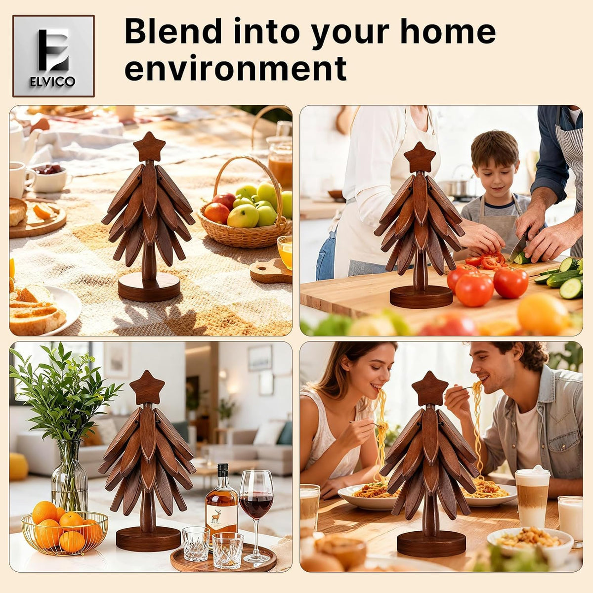 Wooden Trivets for Hot Dishes, Wooden Tree Trivet Set of 4 + 1 Stand