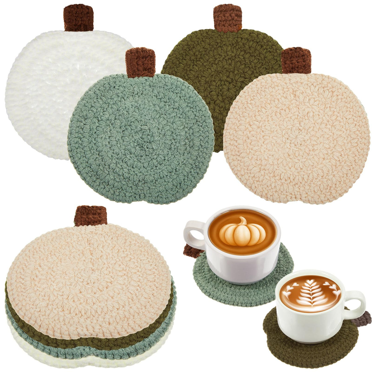 8 Pcs Fall Crochet Coasters, Orange,Brown,Terracotta,Beige, Pumpkin