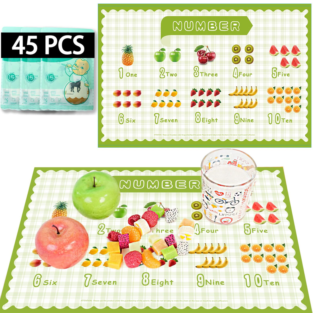 45 Pack Sticky Disposable Placemats for Baby & Toddlers, 5 Designs