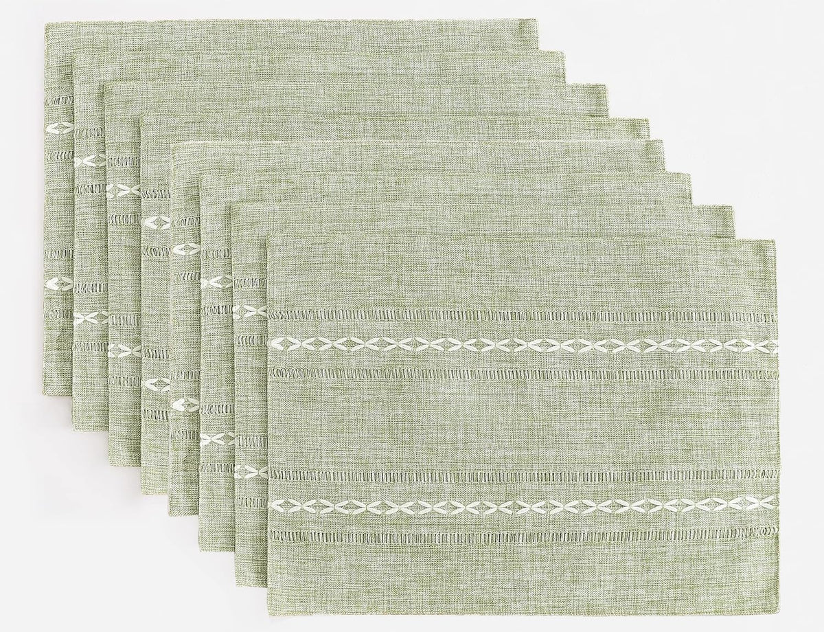 Wracra Cotton Linen Place Mats, Sage Green Embroidered Placemats Set of 6