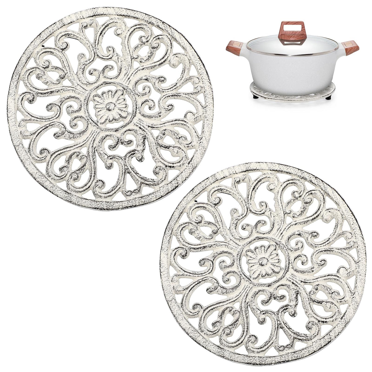 Sumnacon Cast Iron Trivet 2 Pcs 6.7 Inch Iron Trivet for Hot Dish Pot Pan Plate Teapot,Heat Resistant Cast Iron Trivets with Rubber Feets for Kitchen Dining Table Cooktop Stove,Retro Red