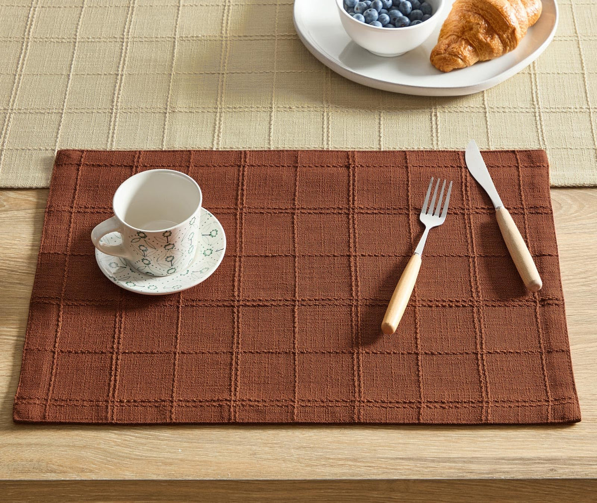 ZeeMart Linen Checked Farmhouse Placemats Set of 6, Olive 13x19in