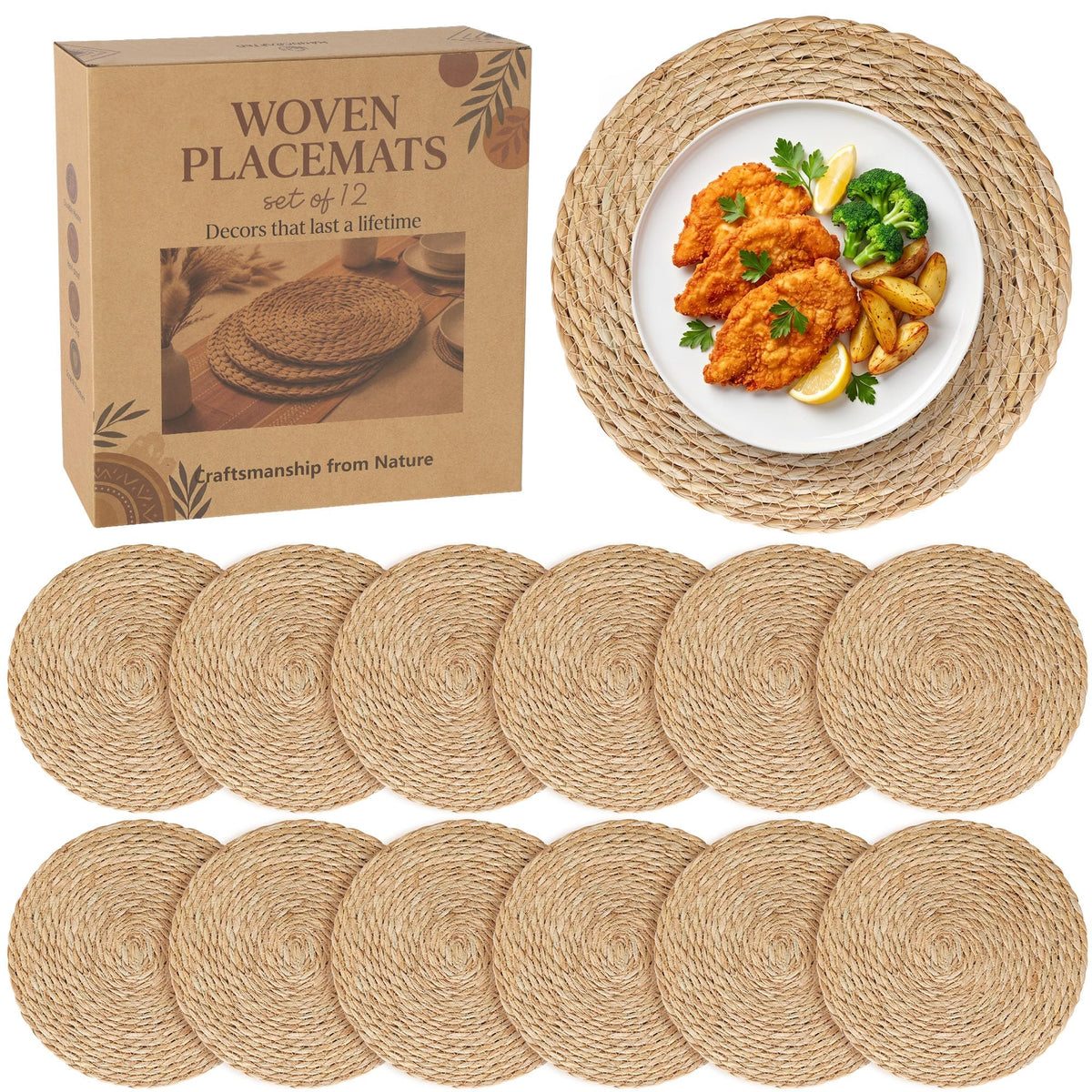 24 Pack 13.8IN Round Woven Placemats, Natural Bulrush Boho Farmhouse Mats