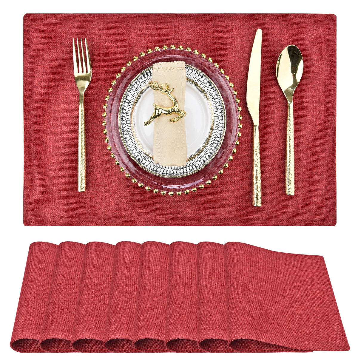 SLKQG Beige Faux Cotton Linen Placemats Set of 6, Heat Resistant Washable Double Layer Cloth Place Mats for Dining Table, Wrinkle Resistant Linen Textured Farmhouse Kitchen Decor(6,Beige)