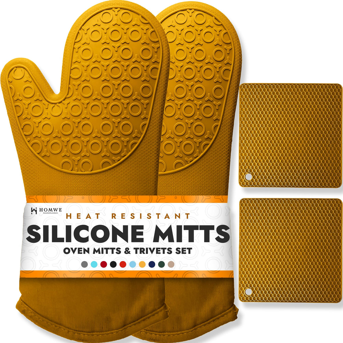 BPA-Free Soft Silicone 4 Piece Oven Mitts & Trivets Set - Ultra Heat Resistant Oven Mitts with Thick Cotton Liner - Long Slip Resistant Pot Holders, Flexible Oven Gloves - Black