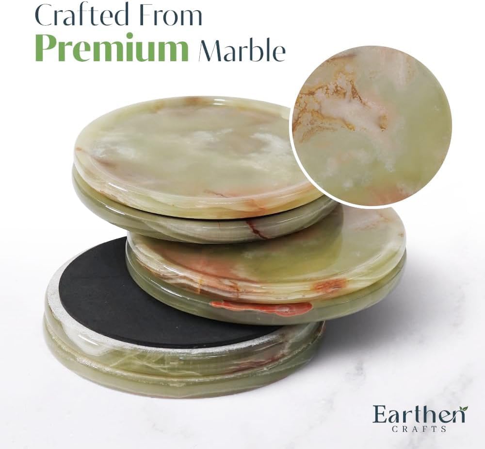 Earthen Crafts Marble Coasters Set of 6 with Holder & Lid Green Onyx 3.5 Inch Natural Marble Round Stone Drink Coasters for Coffee Table, Kitchen Counter, Tabletop & Home Decor