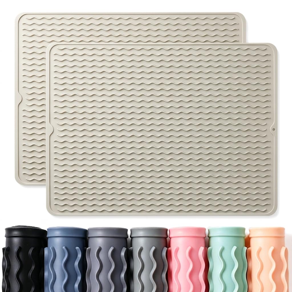 2 Pack Caketime Silicone Dish Drying Mat for Kitchen Counter Dining Placemats Shower Caddy Refrigerator Liners Essentials Heat Resistant Waterproof Trivets Pad Coffee Bar Items 15"x11.5" Milk