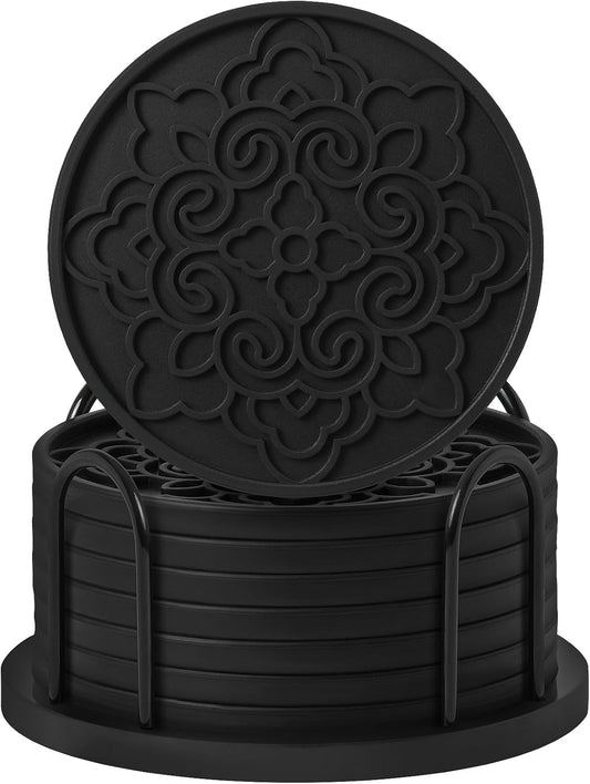 8 Pack 4 Inch Silicone Coasters Set with Holder,Non-Slip, Suitable for Dining Tables, Kitchens, Offices, Bars,Outdoor Camping.Protect Furniture from Water Stains and Heat Damage(8, Black)