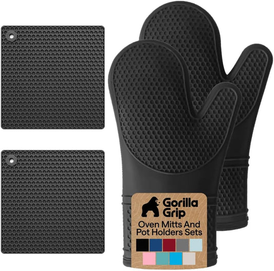 GORILLA GRIP BPA-Free Silicone Oven Mitts and Pot Holders Set, Black