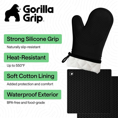 GORILLA GRIP BPA-Free Silicone Oven Mitts and Pot Holders Set, Black