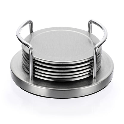 JUXYES Set of 6 Stainless Steel Metal Round Coaster with Holder for Drinks