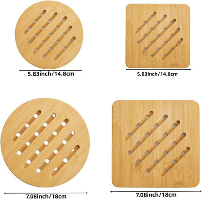 Hot Pads Trivet,Table Solid Bamboo Wood Trivets for Hot Dishes and Pot with Non-Slip Pads Heat Resistant Pads Teapot Trivet 4pcs(Multi Size,2 Square 2 Round)