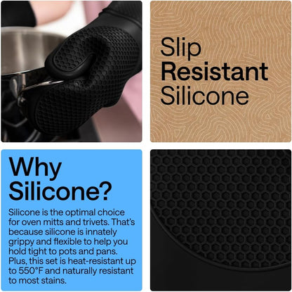 GORILLA GRIP BPA-Free Silicone Oven Mitts and Pot Holders Set, Black
