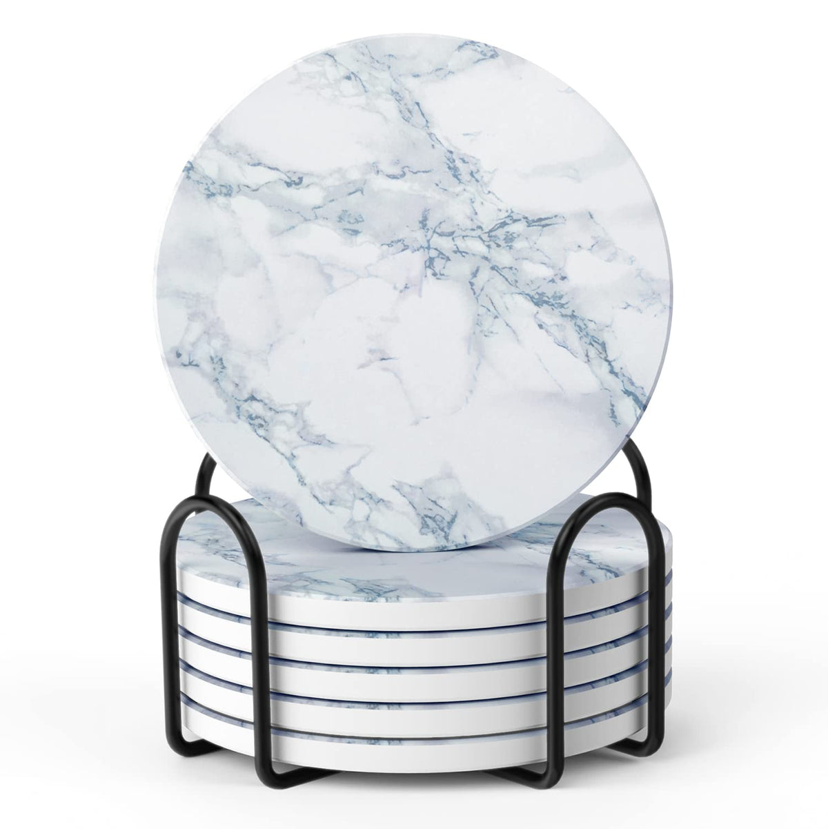 LIFVER Absorbent Coaster Sets of 4, Drink Coasters with Holder, White Marble Style Ceramic Drink Coaster for Tabletop Protection, Suitable for Kinds of Cups and Wooden Table, Cool Home Decor, 4 Inches