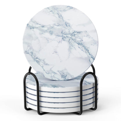 LIFVER Absorbent Coaster Sets of 4, Drink Coasters with Holder, White Marble Style Ceramic Drink Coaster for Tabletop Protection, Suitable for Kinds of Cups and Wooden Table, Cool Home Decor, 4 Inches