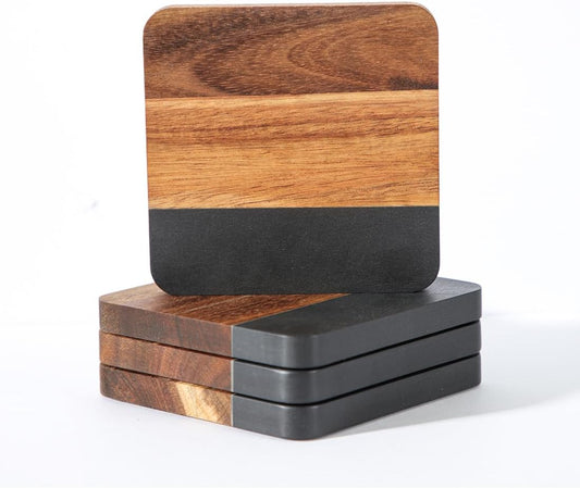 Acacia Wood Black Marble Coasters for Drinks Set of 4, Square Non-Slip Wooden Stone Coaster Coffee Table Accessories Manly Coaster for Men Coffee Table, Bar, Office - Rustic Modern Style