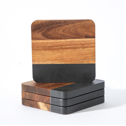 Acacia Wood Black Marble Coasters for Drinks Set of 4, Square Non-Slip Wooden Stone Coaster Coffee Table Accessories Manly Coaster for Men Coffee Table, Bar, Office - Rustic Modern Style