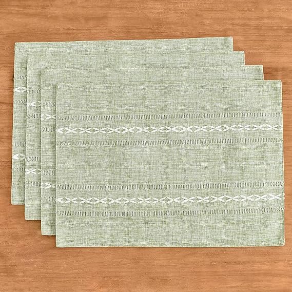 Wracra Cotton Linen Place Mats, Sage Green Embroidered Placemats Set of 6