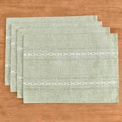 Wracra Cotton Linen Place Mats, Sage Green Embroidered Placemats Set of 6