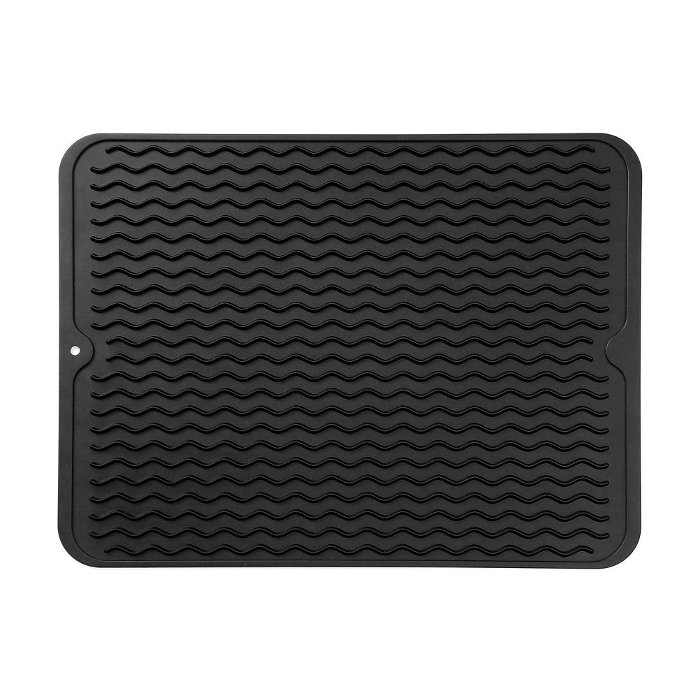 MicoYang Silicone Dish Drying Mat — Quick-Dry Ridges Counter & Sink Pad, Heat-Resistant Trivet to 450°F, Non-Slip & Dishwasher Safe, Roll-Up Storage, 18 Colors & 9 Sizes (Black, 16"×12")