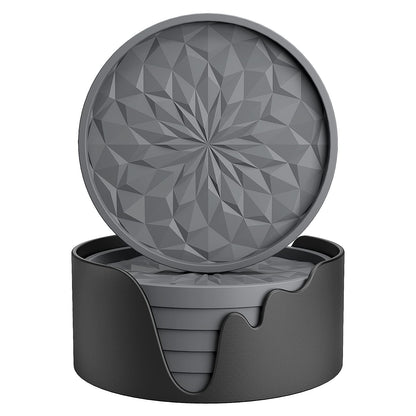 ME.FAN Silicone Coasters with Holder,[6 Pack] Drinking Coasters - Cup Mat for Hot or Cold Drinks, Thickened, Non-Slip, Non-Stick,Deep Tray Black