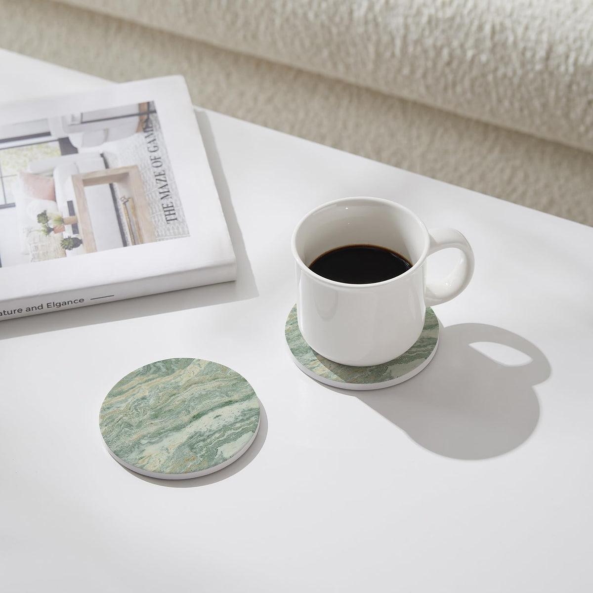 Set of 6 Sage Green Abstract Onyx Marble Coasters with Holder, Absorbent Ceramic Coasters for Drinks, Coasters with Cork Backing for Table Protection, Coffee Table Decor