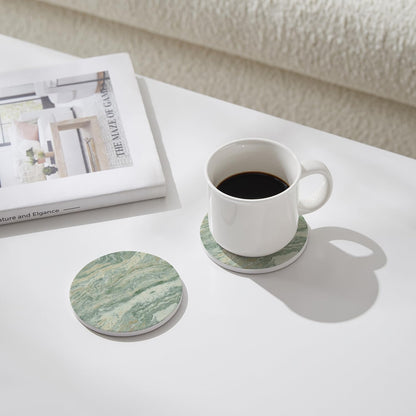 Set of 6 Sage Green Abstract Onyx Marble Coasters with Holder, Absorbent Ceramic Coasters for Drinks, Coasters with Cork Backing for Table Protection, Coffee Table Decor