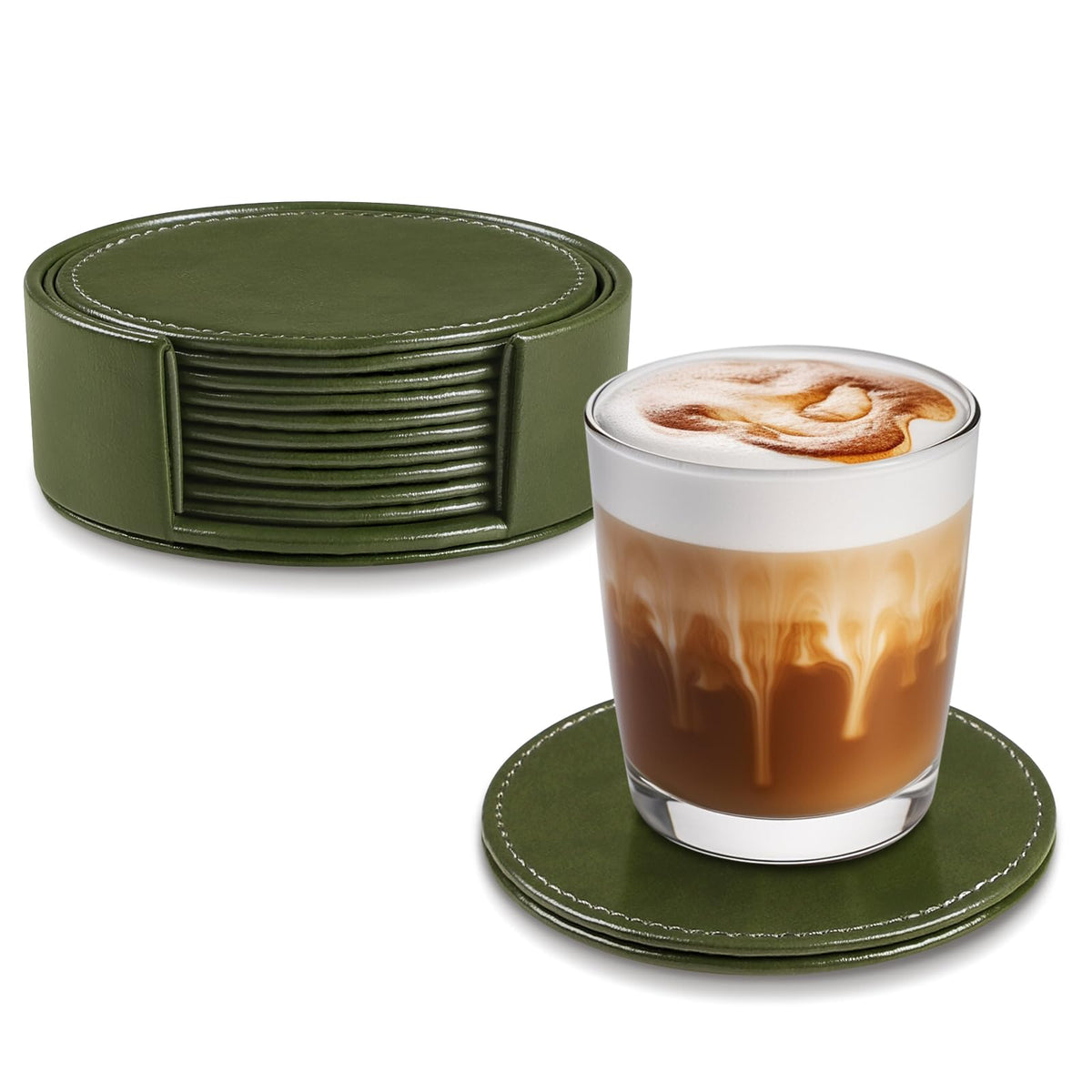 Leather Coasters Set of 6 with Holder, Tabletop Protection, Coffee Table & Bar Decoration, Modern-Style Drink Coasters Suitable for Home Dining Tables & Kitchen Accessories (Blue)