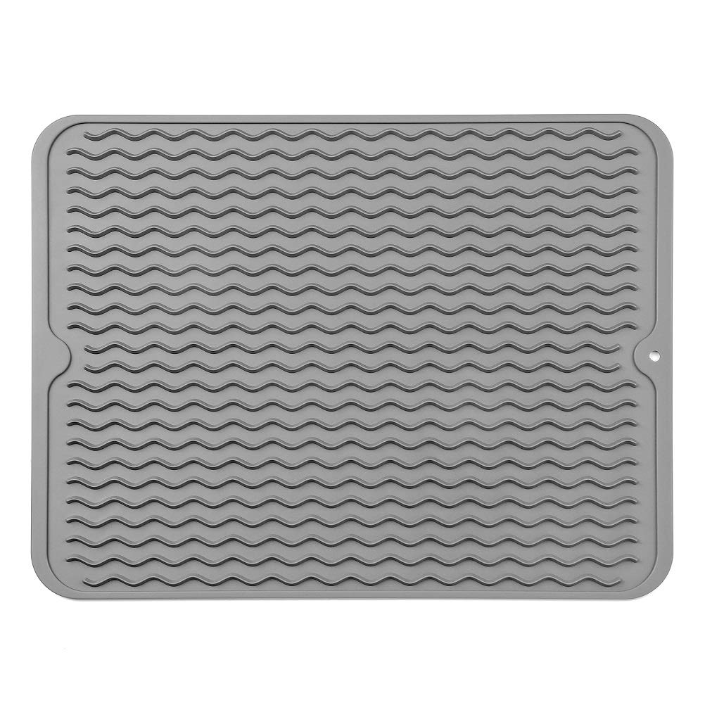 MicoYang Silicone Dish Drying Mat — Quick-Dry Ridges Counter & Sink Pad, Heat-Resistant Trivet to 450°F, Non-Slip & Dishwasher Safe, Roll-Up Storage, 18 Colors & 9 Sizes (Black, 16"×12")