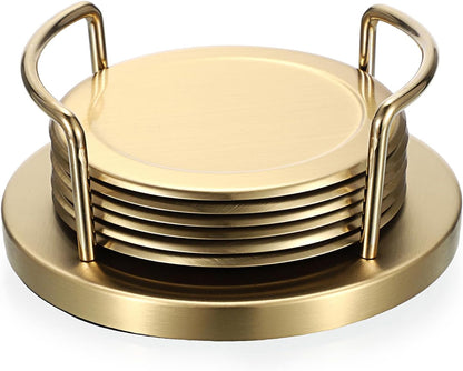 JUXYES Set of 6 Stainless Steel Metal Round Coaster with Holder for Drinks