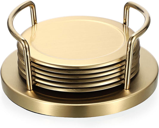 JUXYES Set of 6 Stainless Steel Metal Round Coaster with Holder for Drinks