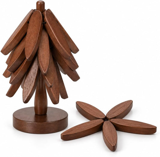 Wooden Trivet Tree for Hot Dishes, 4 Coasters with Holder, Walnut Finish