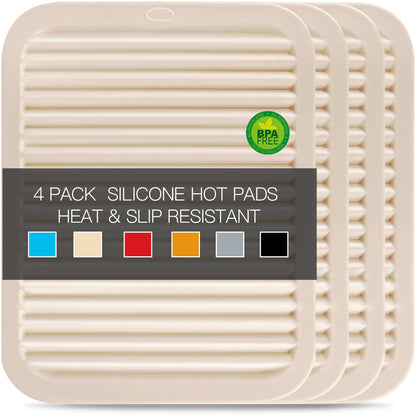 Silicone Trivets for Hot Dishes, 4 PCS Multipurpose Heat Resistant Mat Thick Silicone Hot Pads Pot Holders for Kitchen Counter, Flexible Jar Opener Food Grade Spoon Holder, Silicone Coasters (Almond)